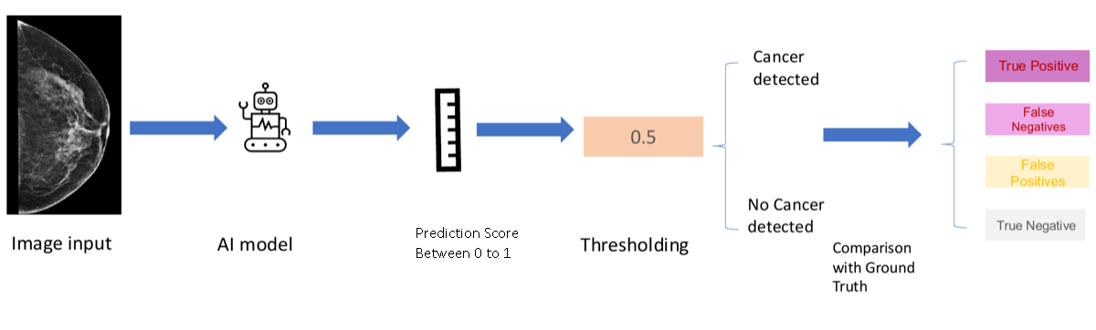 The evaluation pipeline: a mammogram goes into the AI model, which outputs a prediction score between 0 and 1; a threshold turns it into cancer or no cancer, then comparison with the ground truth gives True Positive, False Negative, False Positive, or True Negative